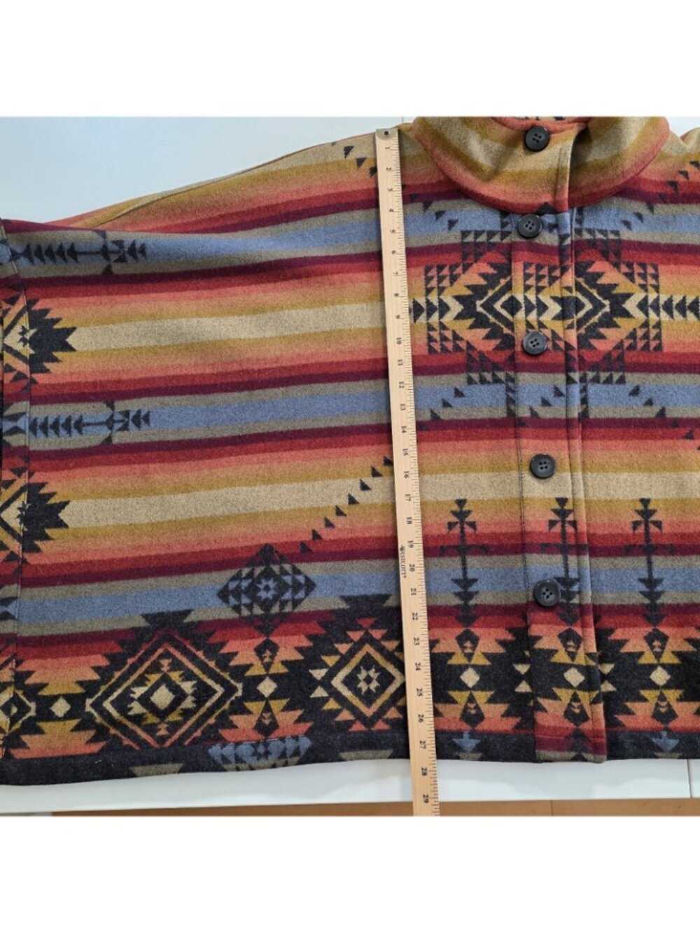 Reversible Wool Cape Poncho OS Southwestern Geometric Aztec Button Jacket Button - Picture 7 of 15